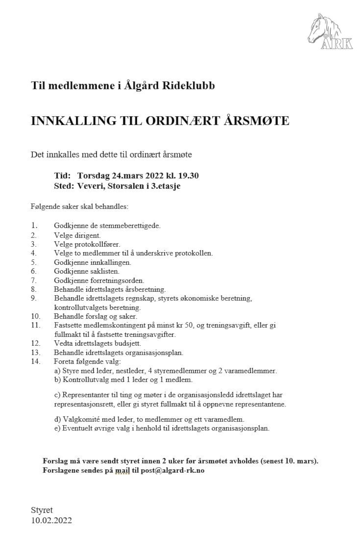 INNKALLING TIL ORDINÆRT ÅRSMØTE